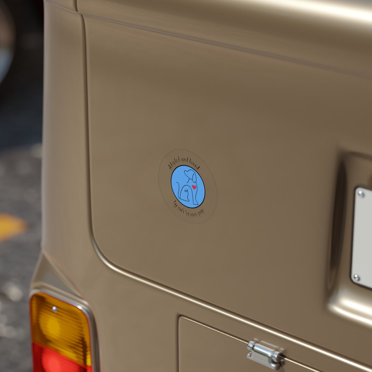 Adopted and Loved by our rescue pup Transparent Outdoor round sticker